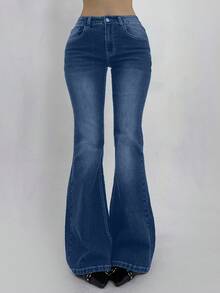 DAZY Distressed Wash Slim Fit Flare Leg Jeans With Pockets For Women Back-To-School Everyday Graduation Blue Summer 2000s Casual - Medium Wash - View 8