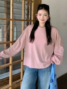 Dazy Plus Solid Color Casual Knit Round Neck Long Sleeve Bell Sleeve Teen Casual Pink Spring Summer Autumn Versatile Plus Size Women T-Shirt Cute Tops - Pink - View 4