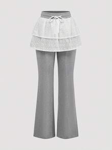 K-Vae Women's 2026 Spring New 2 In 1 Crochet Casual Pants With Drawstring, Hollow Out, Patchwork Flared Long Pants - Grey - View 5