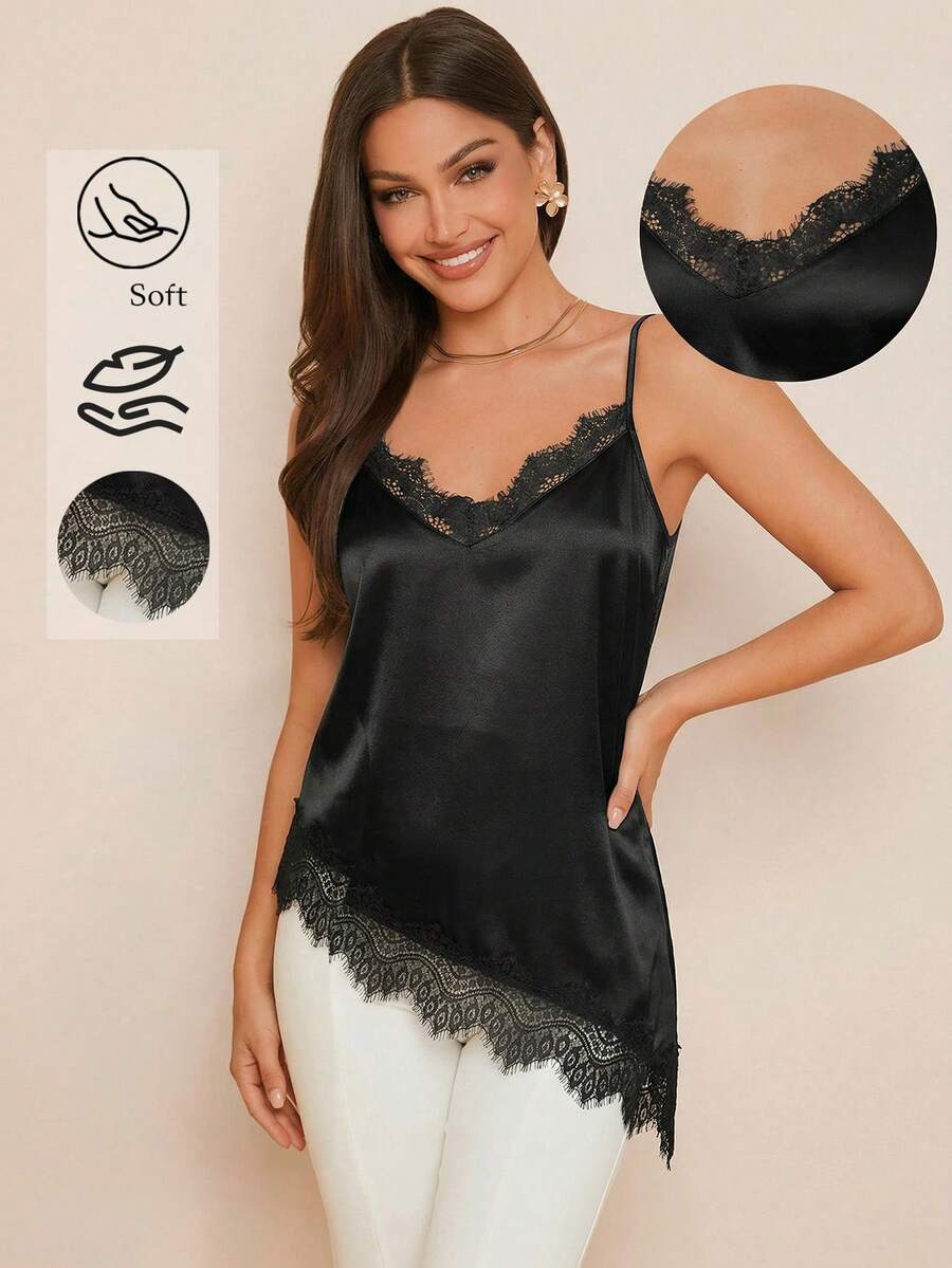 Amorya Women's Elegant Black Summer Silky Cami Top,Seductive Lace Patchwork Asymmetrical Hem T-Shirt,Night Out Beach Vacation Basic Everyday Wear - Black - View 1
