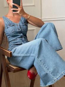 DAZY Women's V-Neck Sleeveless Jumpsuit With Pockets, Vacation Style Denim Bib Pants And Romper - Light Wash - View 6