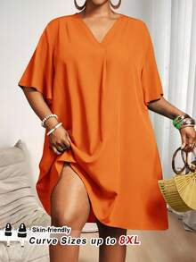 SHEIN CURVE+ New Elegant Casual/Business Casual Women's Short Sleeve Chiffon Shirt Dress, V-Neck Loose Ruffle Mid-Length Plus Size T-Shirt Vacation Black - Orange - View 1