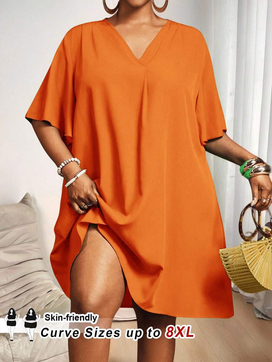 SHEIN CURVE+ New Elegant Casual/Business Casual Women's Short Sleeve Chiffon Shirt Dress, V-Neck Loose Ruffle Mid-Length Plus Size T-Shirt Vacation Black - Orange - View 1