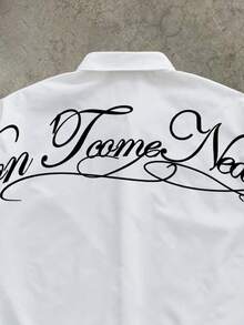Manfinity ZONE917 男士方正短版休閒時尚英文草寫印花白色短袖襯衫，適合春夏，送給男友的禮物，儀式場合適用 - 白色 - 查看 2