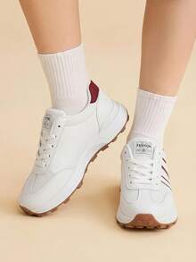 CUCCOO EASI Women's Thick-Soled Round Toe Lace-Up Casual Shoes Shoes Back To School - Red and White - View 4