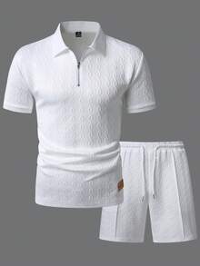 EGENSIO Men's Knitted Jacquard Solid Color Textured Pure White Collar & Cuffs Flat Knit Zipper Denim White Rope Polo Set - White - View 7