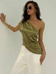 Aloruh Army Green Woven One-Shoulder Women's Shirt - Army Green - View 3