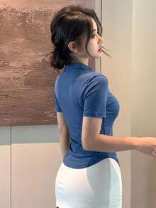 DAZY 夏季藍色 Polo 領休閒度假街頭風女款 T-shirt - 水鴨藍 - 查看 2