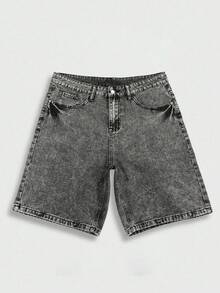Manfinity EMRG Celana Pendek Denim Abu-abu Musim Panas Pria, Model Longgar dan Lebar - Grey - View 4