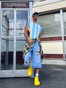 Manfinity Hypemode Camiseta casual versátil de cuello redondo con bloques de color para uso diario y salidas para hombres - Multicolor - Ver 6