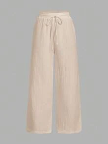 SHEIN Essnce 3pcs/Set Women's Casual Waist Tie Straight Leg Pants With Pockets, Suitable For Summer - Multicolor - View 4