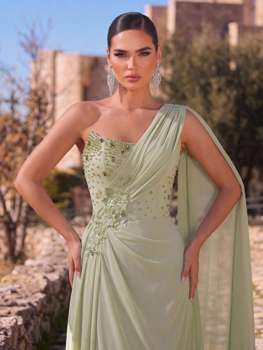 Aureia Abito elegante formale in chiffon verde salvia con perline e strass, scollo a bustier, steccato a pesce, scialle e linea ad A, per invitata a matrimonio, gala, ballo di fine anno, serata, addio al nubilato, estate