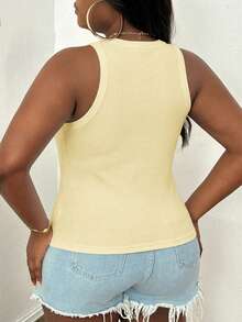 Slaydiva 92% Cotton Ribbed Tank Top Plus Size Casual Basic Fitted Yellow Round Neck Off Shoulder Vest - Yellow - View 2