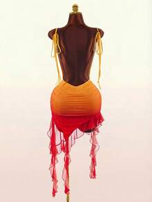 Amplova Women's Midi Dress, Draped Neckline, Drawstring Ruched Detail, Ruffle Hem, Spaghetti Straps, Ruffle Back, Backless, Floral Print, Avant-Garde Sexy - Orange - View 13