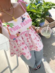 Muchica Paul Frank X SHEIN 女款字母與椰子樹印花休閒百搭日常細肩帶T恤 - 彩色 - 查看 4