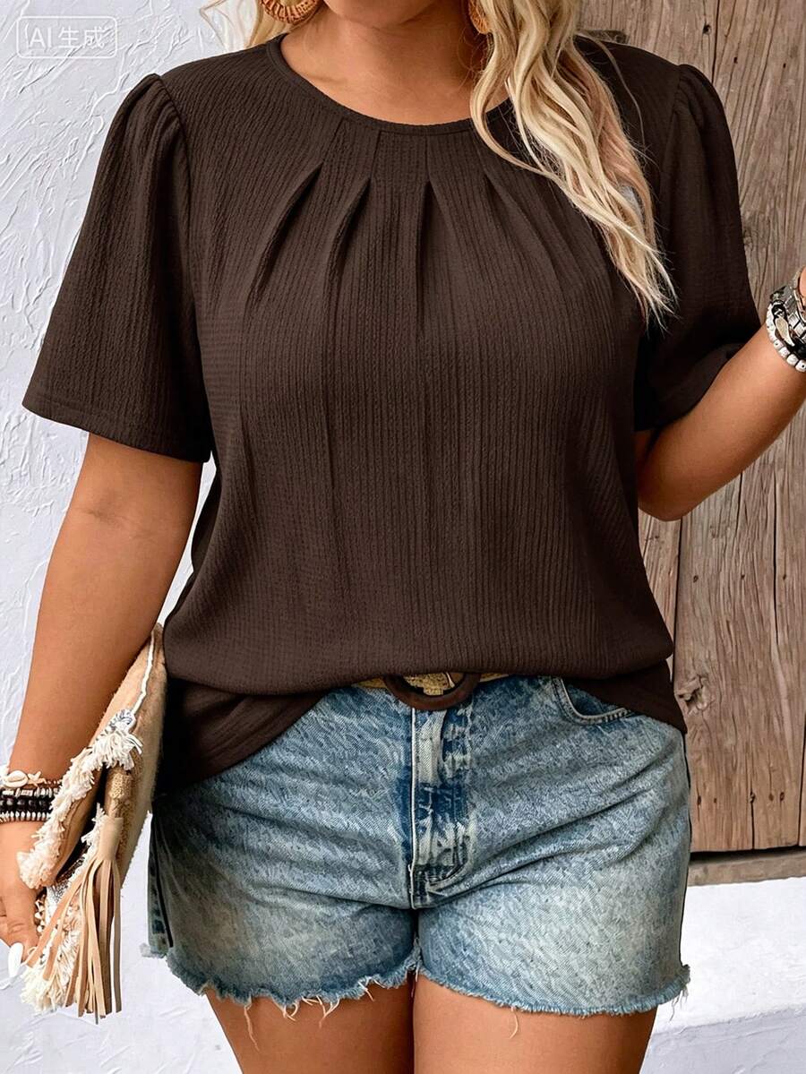 Momelise Plus Size Women's Casual Minimalist Solid Fold Pleated Short Sleeve Shirt, Summer - Brown - View 1