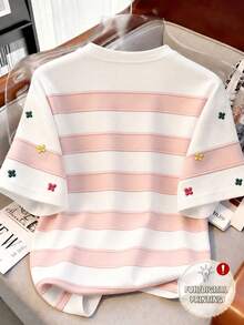 Resyla Kaos Wanita Lengan Pendek Leher Bulat Motif Bunga dan Garis Kontras, Modis dan Serbaguna - MultiWarna - View 2