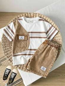 SHEIN 2件組小男孩休閒條紋牛仔 Polo 衫與短褲套裝，復古學院風，適合春夏日常穿著與外出 - 卡其色 - 查看 8