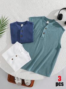 SHEIN 3件組兒童青少年男童半袖裝飾木鈕扣紋理面料藍色、綠色、白色圓領背心T恤，適合夏季休閒出遊、運動、度假、校園場合，百搭百搭 - 彩色 - 查看 2