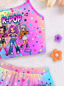 Young Girl Letter Cartoon Print Cami Top And Shorts Casual Daily Home Pajama Set - Multicolor - View 6