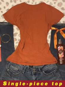 INAWLY Women's Bestselling Printed Pattern Top, Short Sleeve - Orange - View 2