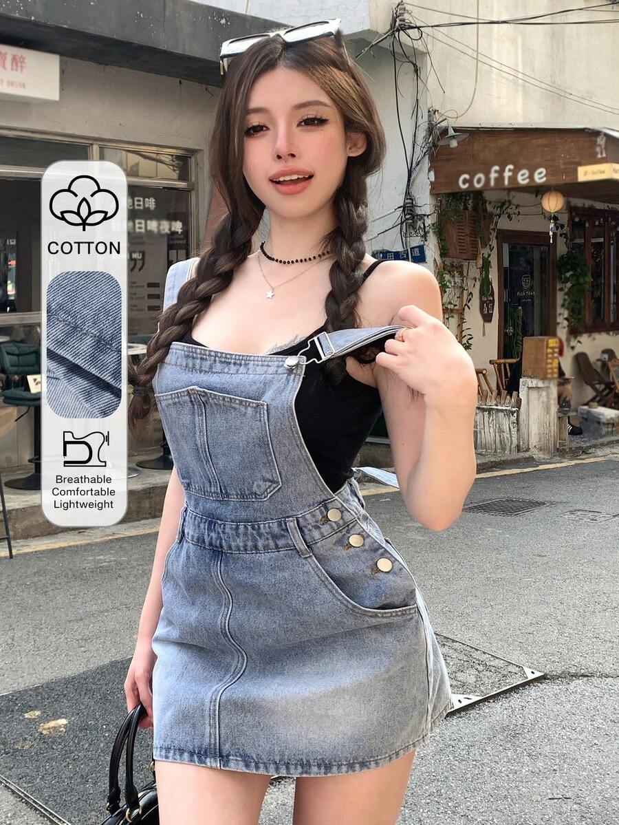 DAZY 春夏復古水洗藍音樂節情人節休閒街頭戶外短褲辣妹女款牛仔吊帶褲 - 藍色 - 查看 1