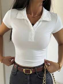 DAZY 女款領口短袖修身性感休閒套頭街頭風T恤 夏季 - 白色 - 查看 2