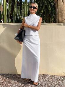 Livesso Spring Summer White Short Top Pullover Shirt Vest Wedding Casual Vacation Skirt Set Elegant Commute Women 2pcs Set - White - View 3