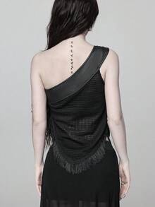 ROMWE Goth 垂領哥德風流蘇抹胸上衣 女款PU皮革金屬仿針織 性感辣妹風 - 黑色 - 查看 2