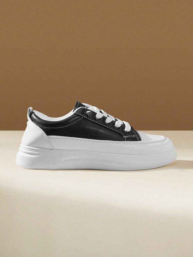CUCCOO EASI Women's Lace-Up Round Head Thick Flat Bottom Casual Sneakers Casual Style PU Leather Black And White Casual Sneakers Daily, Outdoor, Commuter