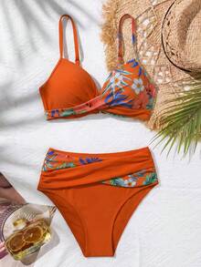 Swim Lushoire 女款夏季海灘花卉印花百褶細肩帶比基尼三角泳褲兩件式泳衣套裝 - 彩色 - 查看 3