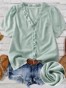 Linhara Women's Plus Size Solid Textured Fabric V-Neck Short Sleeve Casual Regular Fit Shirt Going Out Tops Vacation Club - Olive Green - View 1