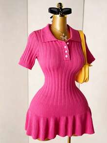 Mistrie Women's Knit Pearl Button Ribbed Orange Pleated Short Sleeve Mini Sexy Fitted Minimalist Sweater Dress - Hot Pink - View 3