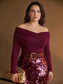 MOTF PREMIUM PLUS SIZE OFF-SHOULDER RUCHED T-SHIRT - Burgundy - View 6