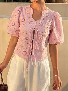 DAZY Textured Embroidered Jacquard Fabric Short Tie Bow Princess Sleeve Elegant Boho Vacation Summer Blouse Women's Shirt Brunch Pink Floral - Pink - View 4