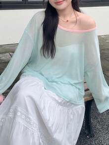 Dazy Plus Solid Color Large Scoop Neck Half-Open Placket Long Sleeve T-Shirt Spring Summer - Mint Green - View 8