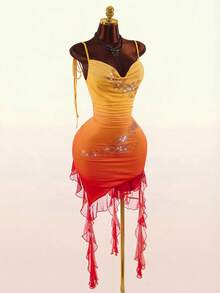 Amplova Women's Midi Dress, Draped Neckline, Drawstring Ruched Detail, Ruffle Hem, Spaghetti Straps, Ruffle Back, Backless, Floral Print, Avant-Garde Sexy - Orange - View 9
