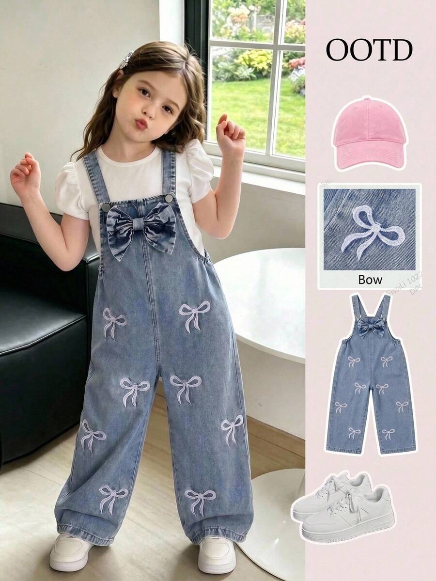 Elladie kids 女童牛仔吊帶褲與連身褲，四季長褲，新品上市，時尚休閒風格，中藍色復古水洗牛仔，彈性腰部設計，白色蝴蝶刺繡與磨損水洗效果，寬鬆A字廓形，柔軟舒適面料，百搭日常穿著，適合度假、音樂節、派對及其他場合，夏季與四季皆宜