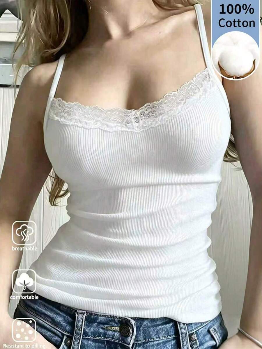 INAWLY 女款夏季素色百搭對比蕾絲貼身細肩帶背心 - 白色 - 查看 1