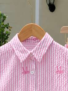 SHEIN 女童休閒粉色條紋襯衫短褲兩件套 - 粉色 - 查看 4