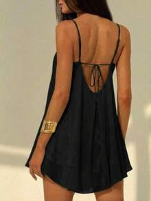 Aloruh Women's Deep V-Neck Spaghetti Strap A-Line Flowy Ruffle Hem Dress, Black,Summer Dresses For Women - Black - View 2
