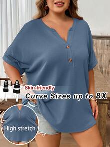SHEIN CURVE+ 新款大尺碼女款休閒V領鈕扣肩短袖T恤，海鹽藍綠色 - 藍色 - 查看 1