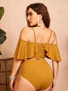 Swim Chiccia Plus Size Women's 2-Piece Solid Color Spaghetti Strap Off-Shoulder Ruffle Drawstring Split Swimsuit, Fashionable Elegant Boho Beach Vacation Butter - Yellow - View 2