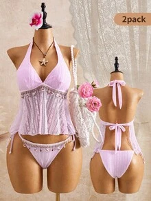 Bellisia 26SS Women's Spring/Summer Beach Vacation Shell Decor Tankini Set - Baby Pink - View 4