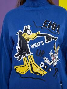 LOONEY TUNES X SHEIN Talla grande Jersey con patrón de dibujos animados de hombros caídos - Azul - Ver 6