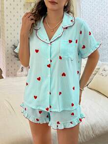 CottageSlumber Pink Heart Print Ruffle Collar Button-Down Short Sleeve Shorts Pajama Set Plus Size - Green - View 6