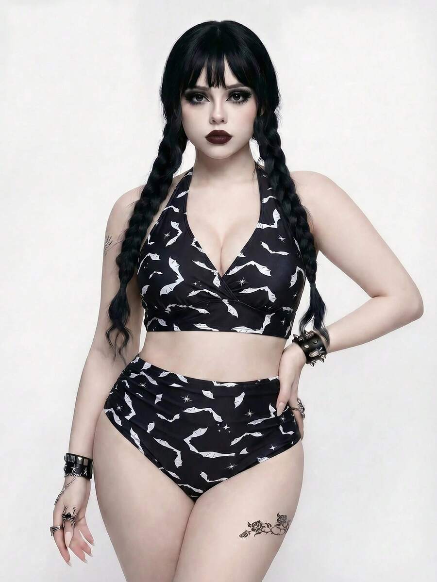 ROMWE Goth 女款大尺碼印花兩件式粗肩帶抓皺三角比基尼套裝,哥德風,度假海灘 - 黑與白 - 查看 1
