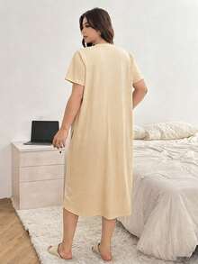 Dazy Plus Solid Color Casual Letter Print Round Neck Straight Hem T-Shirt Loungewear Long Nightgown Summer Pajamas - Mustard Yellow - View 2