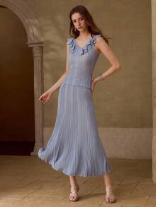 MOTF PREMIUM SUMMER FASHION RUFFLE KNIT TOP AND SKIRT SET - Blue - View 1