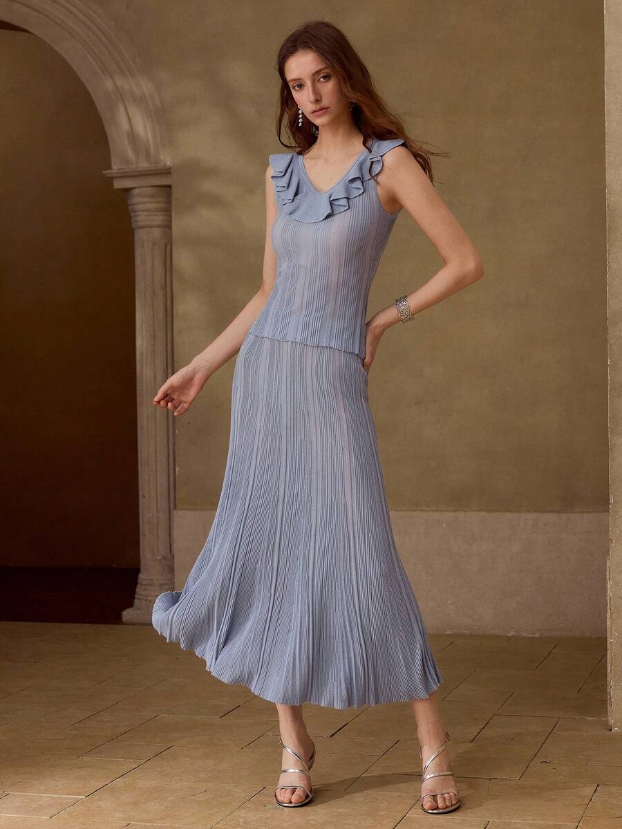 MOTF PREMIUM SUMMER FASHION RUFFLE KNIT TOP AND SKIRT SET - Blue - View 1